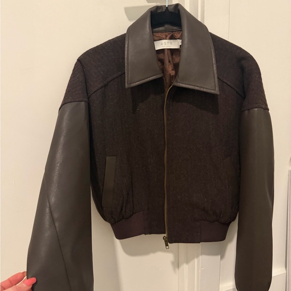 ASTR Brown Bomber Jacket with Leather Sleeves - Picture 3 of 4